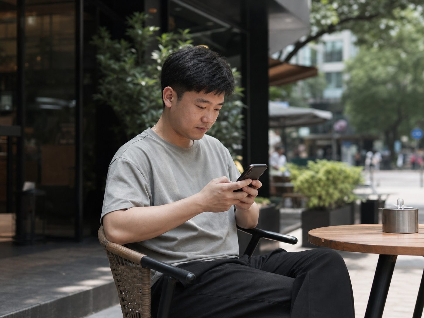 中国男性在户外使用手机接客服任务