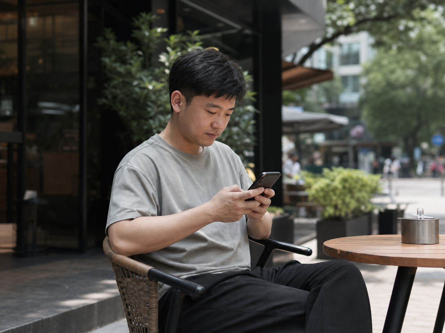 中国男性在户外使用手机接客服任务