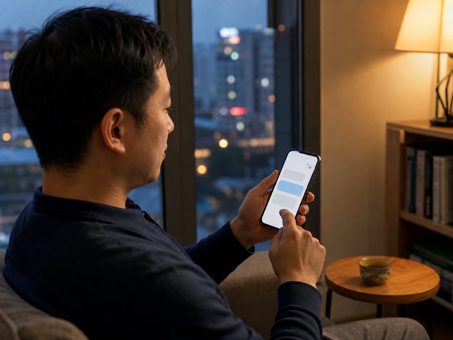 中国男性使用手机和 AI 翻译回复全球客户